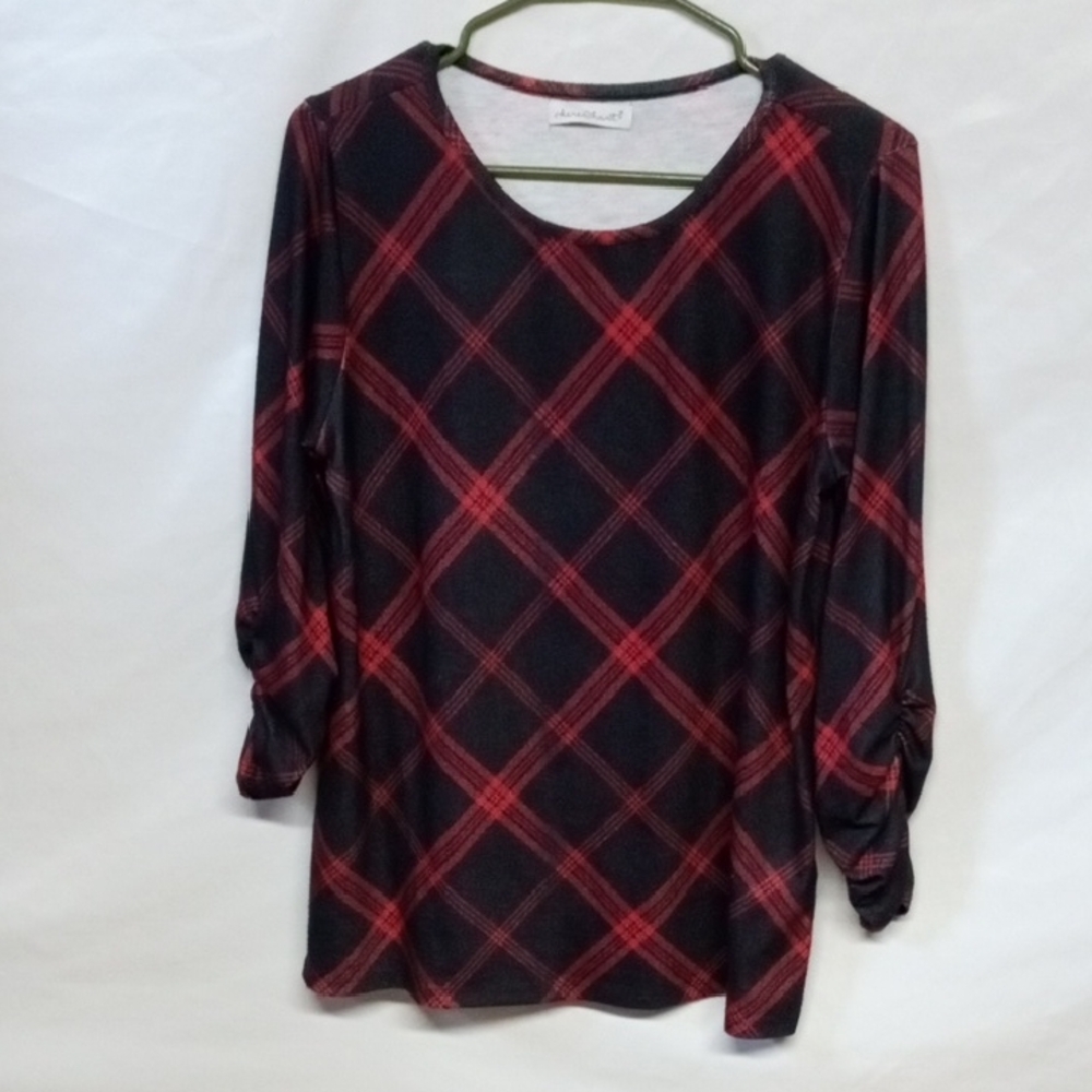 keren hart Red and Black Long scrunched Sleeve Plaid Blouse